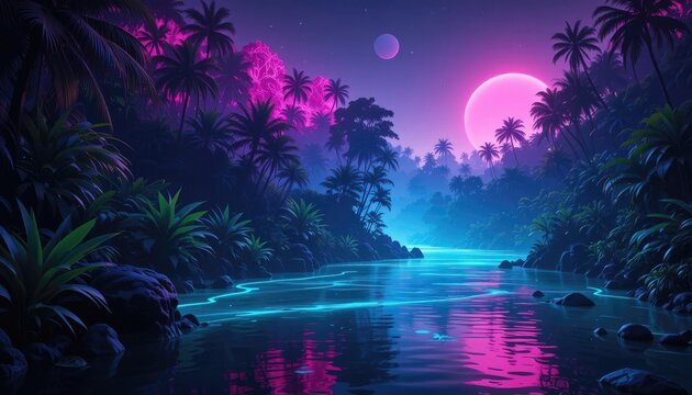 Vaporwave scenery with river neon lights moon plants and palm trees