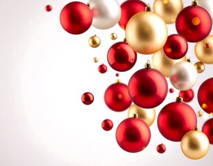 Red, gold, and white ornaments float against a bright background