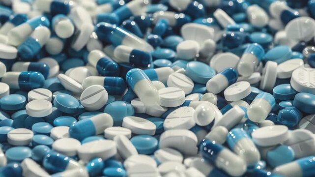 A stack of blue and white colored pills