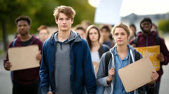 Teenagers marching with protest signs in soft lighting