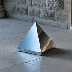 Polished chrome pyramid on light stone floor