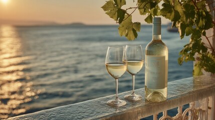 White wine glasses and bottle on sea view balcony at sunset