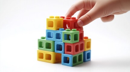 Obraz premium Child's Hand Building Colorful Plastic Block Structure