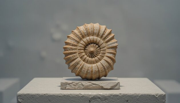 Ammonite fossil on display stand in a museum