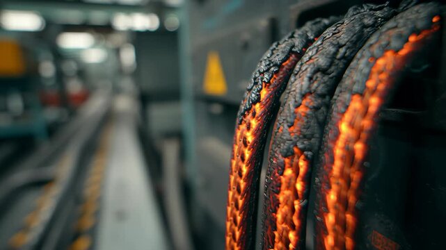 Overheating electrical cables in an industrial setting, with visible burn damage and glowing heat marks, symbolizing fire hazard, equipment failure, and electrical overload.