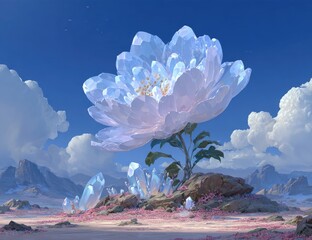Giant, crystal flower in desert landscape