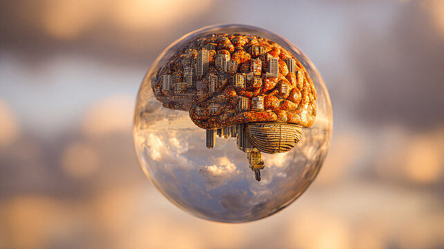 Crystal sphere containing a miniature brain/urban relief — metaphor for intelligence and urbanism.