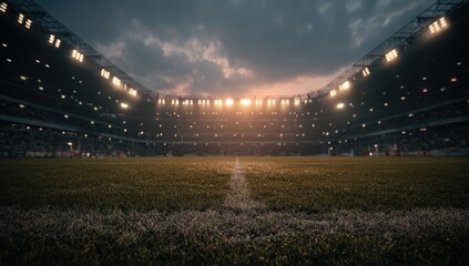 Empty stadium at dusk, lights illuminating the field