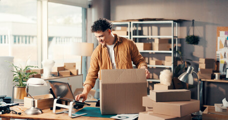 Laptop, logistics and man with box in office for stock, inventory management and check label....