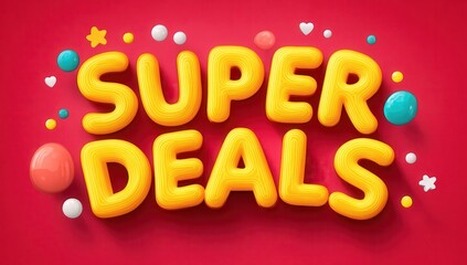 Colorful super deals text with vibrant font and playful background elements