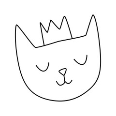 Minimalist Line Art of Crowned Cat Face with Closed Eyes