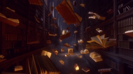 Ancient library hall with high shelves and floating glowing books in surreal magical atmosphere illuminated by soft cinematic lights. Concept of knowledge imagination