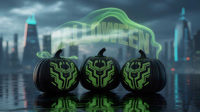 Three futuristic pumpkins glow with neon light in a cyberpunk city at night
