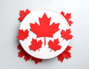 Red paper maple leaves arranged around a central, larger maple leaf on a white circle against a light gray background