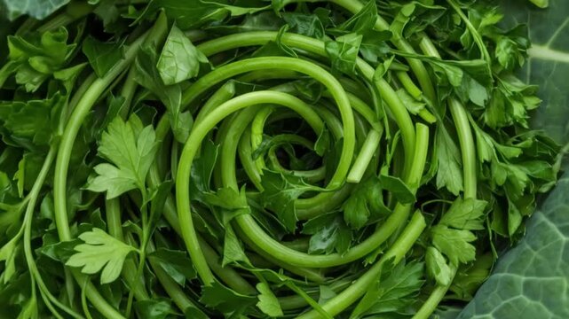 Fresh green vegetable garden harvest: collard greens, parsley, healthy eating, vegan food, raw diet