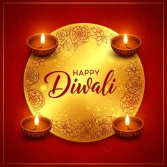 Naklejka premium Happy diwali illuminated by four traditional clay diyas on a decorative golden circular background with red border