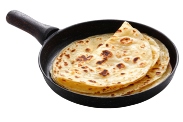 Stack of Chapati Bread in a Black Skillet Pan on transparent background