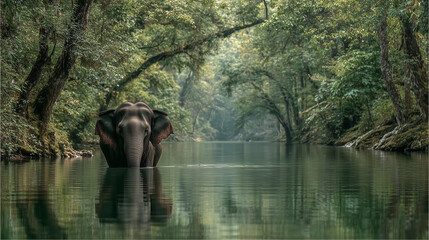 Fototapeta premium Beautiful nature image , The elephant swimming in the river.