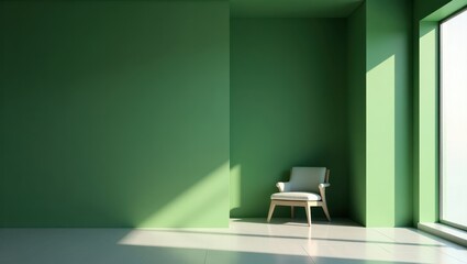 A minimalist green room design features a single light-colored chair in a sunlit corner.