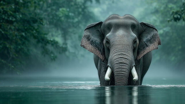 Medium shot , The large elephant walking in the river , forest background. - Powered by Adobe