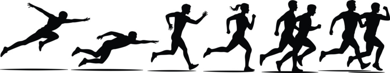 Obraz premium Silhouettes of athletes running, sprinting, and jumping in motion sequence, showcasing speed, agility, fitness, dynamic movement, sports illustration, action.