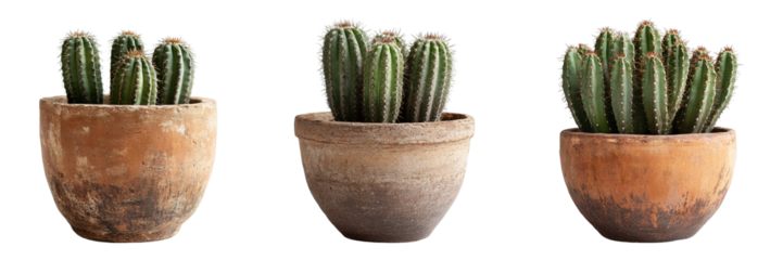 Collection of Green Cactus Plants in Rustic Clay Pots Isolated on Transparent Background