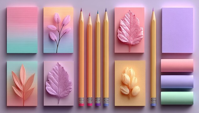 Pastel colored squares, pencils, and leaves - Powered by Adobe
