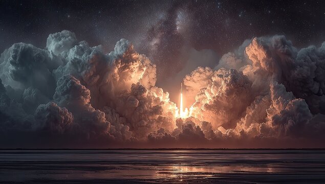Rocket launch through stormy clouds over ocean