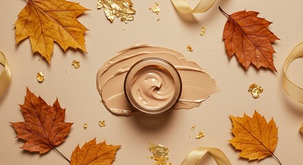 Autumn-Themed Skincare Cream with Leaves and Decorative Gold Accents