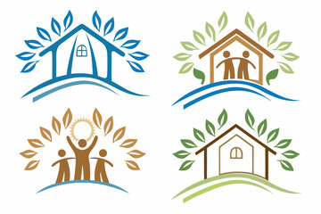Four logos of houses and people surrounded by leaves and water