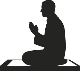 Silhouette of person praying, kneeling on mat, hands raised, spiritual devotion, peaceful meditation, religious practice, inner peace, calm reflection.