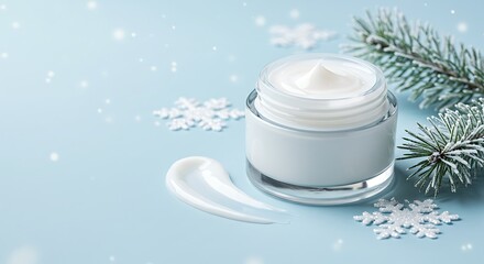 Moisturizing Cream Jar with Holiday Theme on Snowy Blue Background