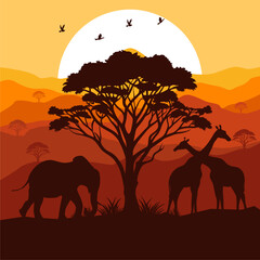 African wildlife vector silhouettes at sunset with acacia tree and mountains
