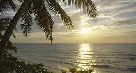 Fototapeta premium Tropical Seascape at Sunset with Palm Tree and Gentle Waves