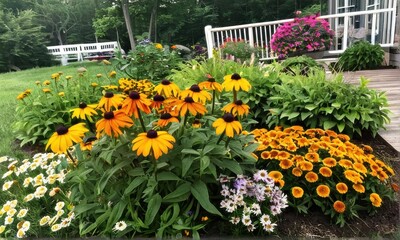 Fototapeta premium Orange and Yellow Flowers in a Summer Garden