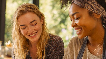 Fototapeta premium Two women smiling and chatting outdoors — natural portrait of friendship, genuine emotion and summer light.