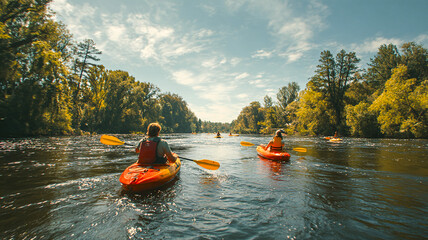 Group of people kayaking on river surrounded by forest. Concept of outdoor recreation and ecotourism.
