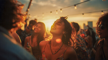 Crowd of people at music festival under sunset light. Atmosphere of joy, freedom and music.
