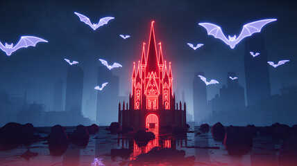 A spooky gothic castle with bats flying around it on a halloween night