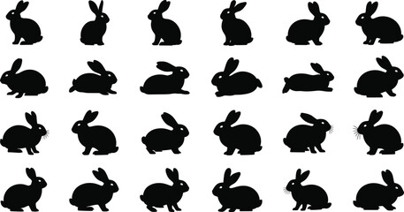 Set of 20 rabbit silhouettes in varied poses for decoration, branding, and educational design projects