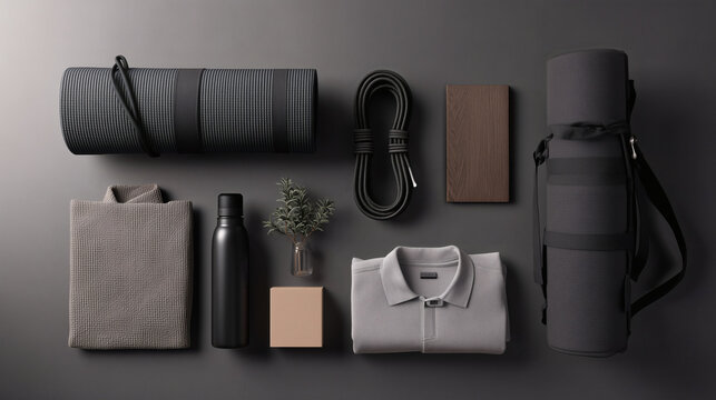 A high-angle, overhead shot of a clean arrangement of various blank sports accessories, such as a skipping rope, a yoga strap, and a towel. 