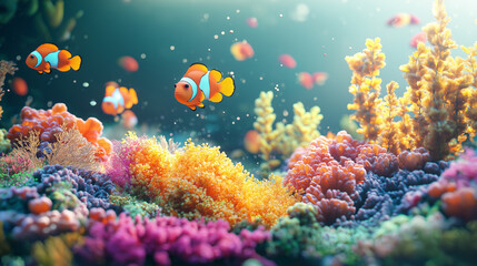 Naklejka premium A colorful underwater scene with corals and fish, showcasing marine life.