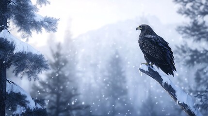 Fototapeta premium Golden eagle perched on a snow covered branch watching over a frozen forest with its sharp eyes its breath visible in the cold air as snow gently falls from the trees