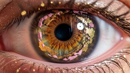 Eye close up macro shot with gold glitter and pink accents for beauty and fashion content creation - Powered by Adobe
