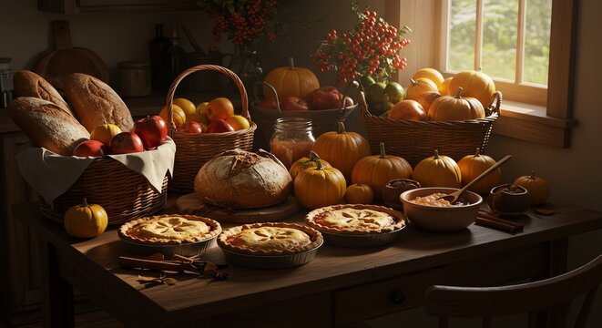 Autumn harvest still life with baked goods and pumpkins