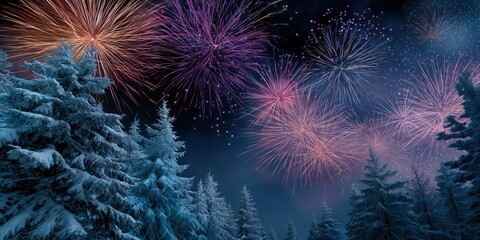 Vibrant fireworks explode in night sky over snow-covered forest during winter celebration