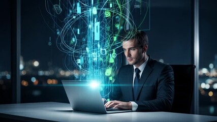Businessman using laptop with digital data overlay for business intelligence and analytics - Powered by Adobe