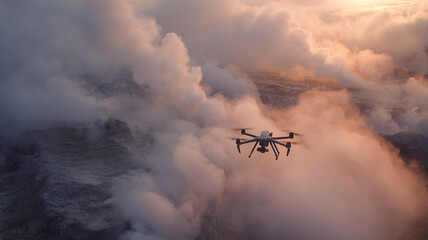 Obraz premium Quadcopter flying above mountains in thick morning fog, symbolizing nature monitoring, aerial exploration, and remote photograph