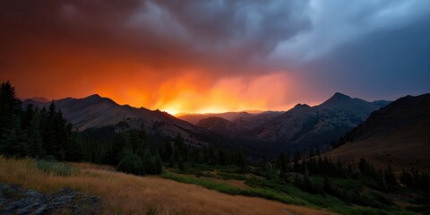 Fototapeta premium Stunning mountain sunset with vibrant colors and dramatic sky amidst forested landscape