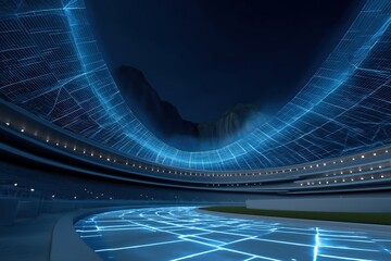 Futuristic neon-illuminated stadium arena at night